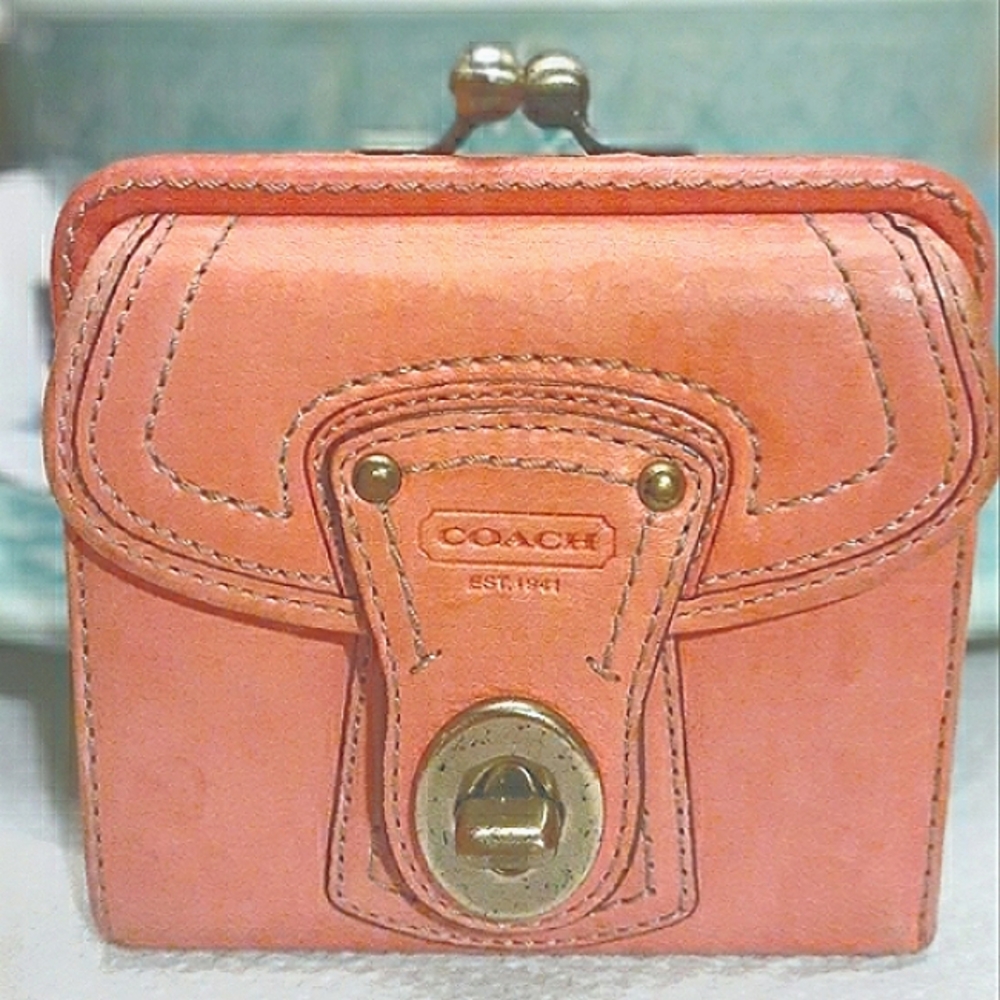 Coach Legacy Gigi 65th Anniversary Edition Trifold Kisslock Coral Leather Wallet